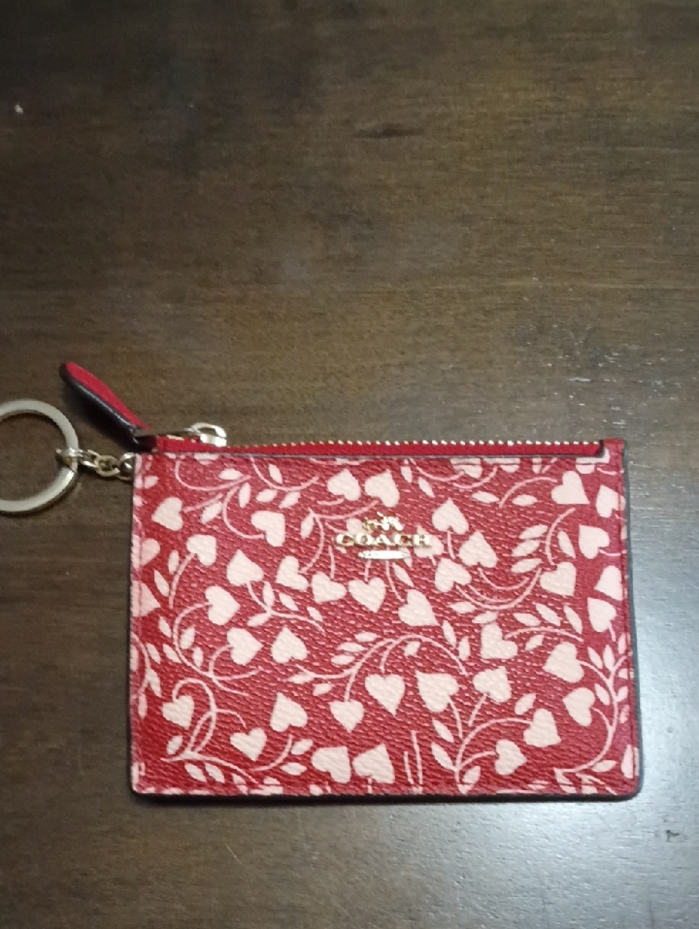 Coach Red and Pink Heart Zip Card Case Key Ring